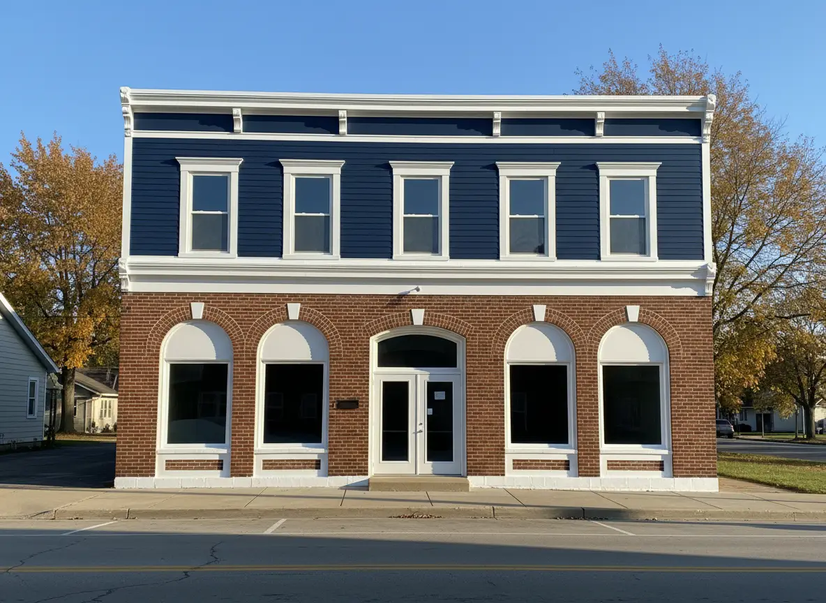 Illustration of a brick and clapboard storefront painted navy with white trim