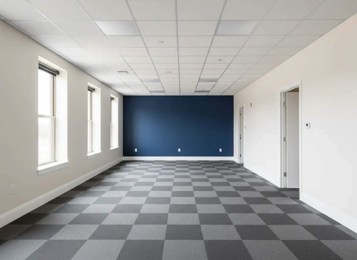 Illustration of an empty office with white walls and one navy accent wall