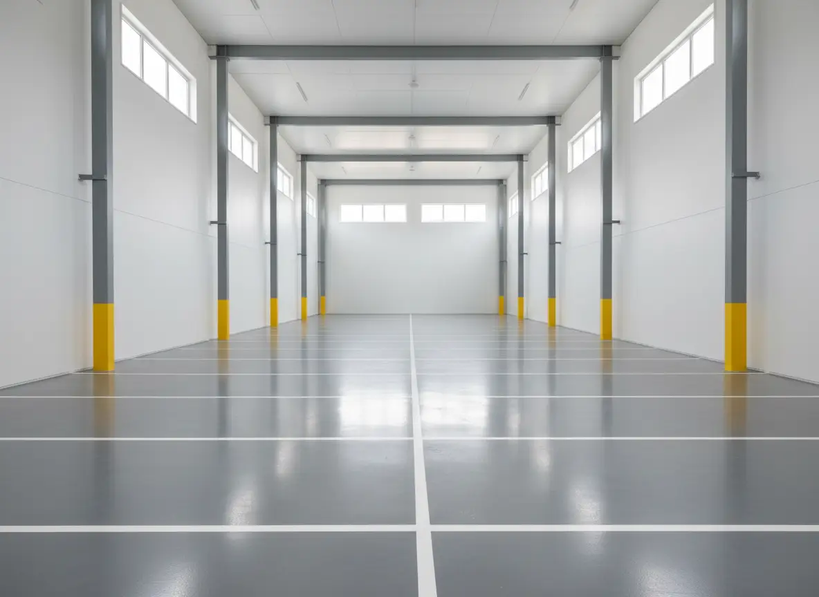 Illustration of a repainted warehouse with white walls and safety-banded steel columns